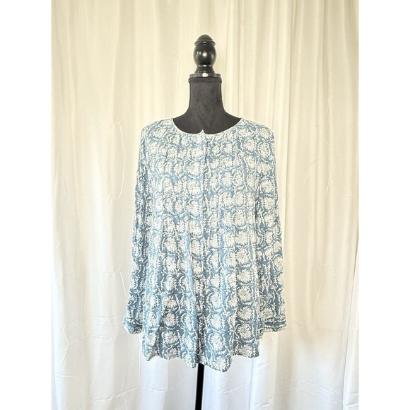 Old Navy Tops - Old Navy Women's L Blue Floral Pleated Long Sleeve Button Down Tunic Boho Flowy